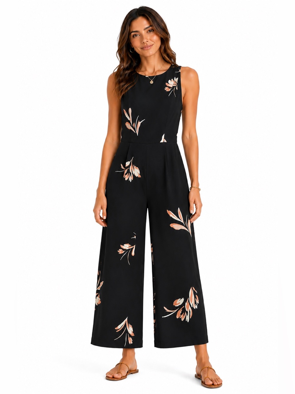 A New Day Floral Wide Leg Jumpsuit Medium Black Sleeveless Palazzo Romper